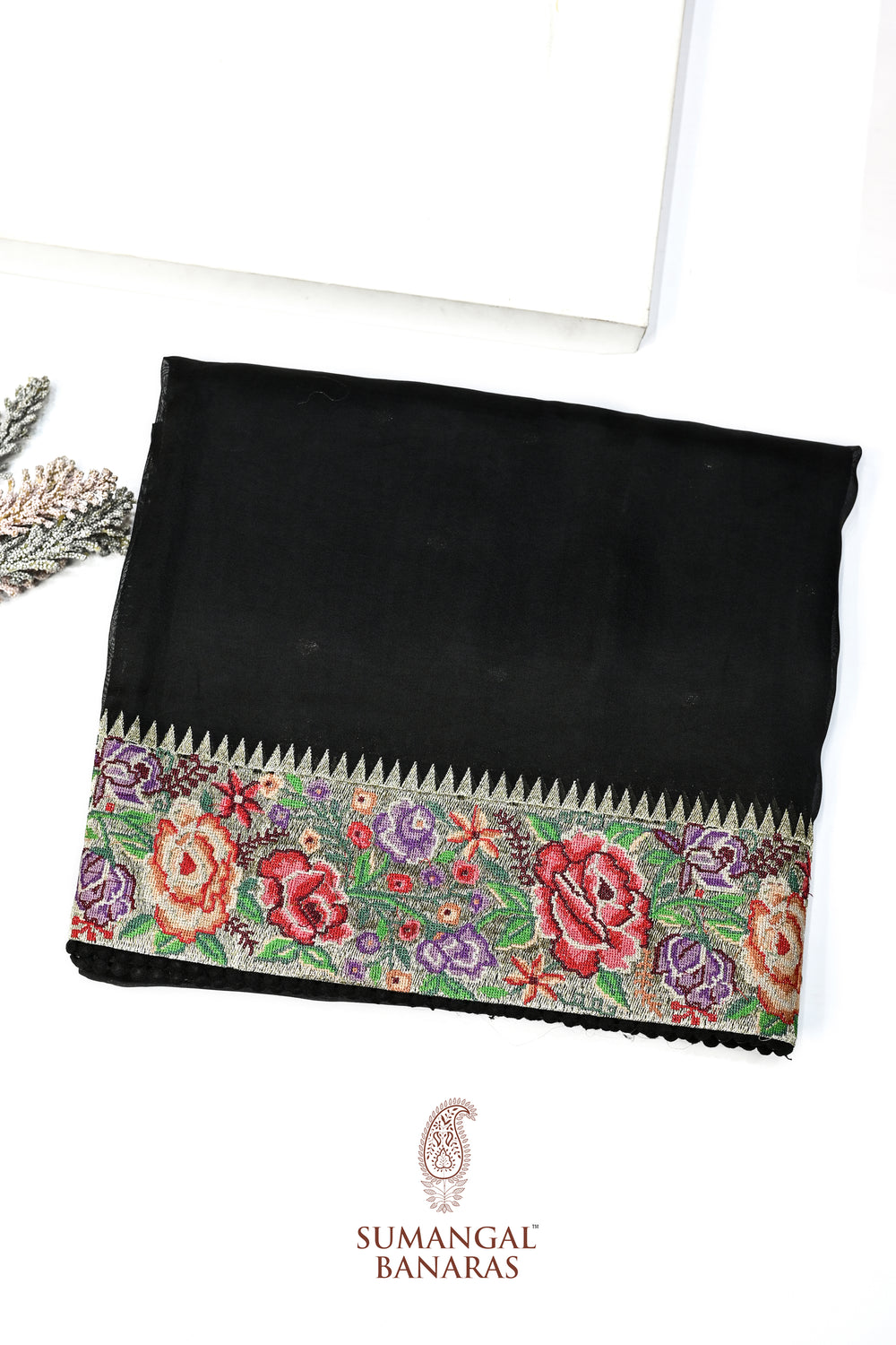 Jet Black Resham Embroidery Breezy Organza  Handwoven Banarasi Saree