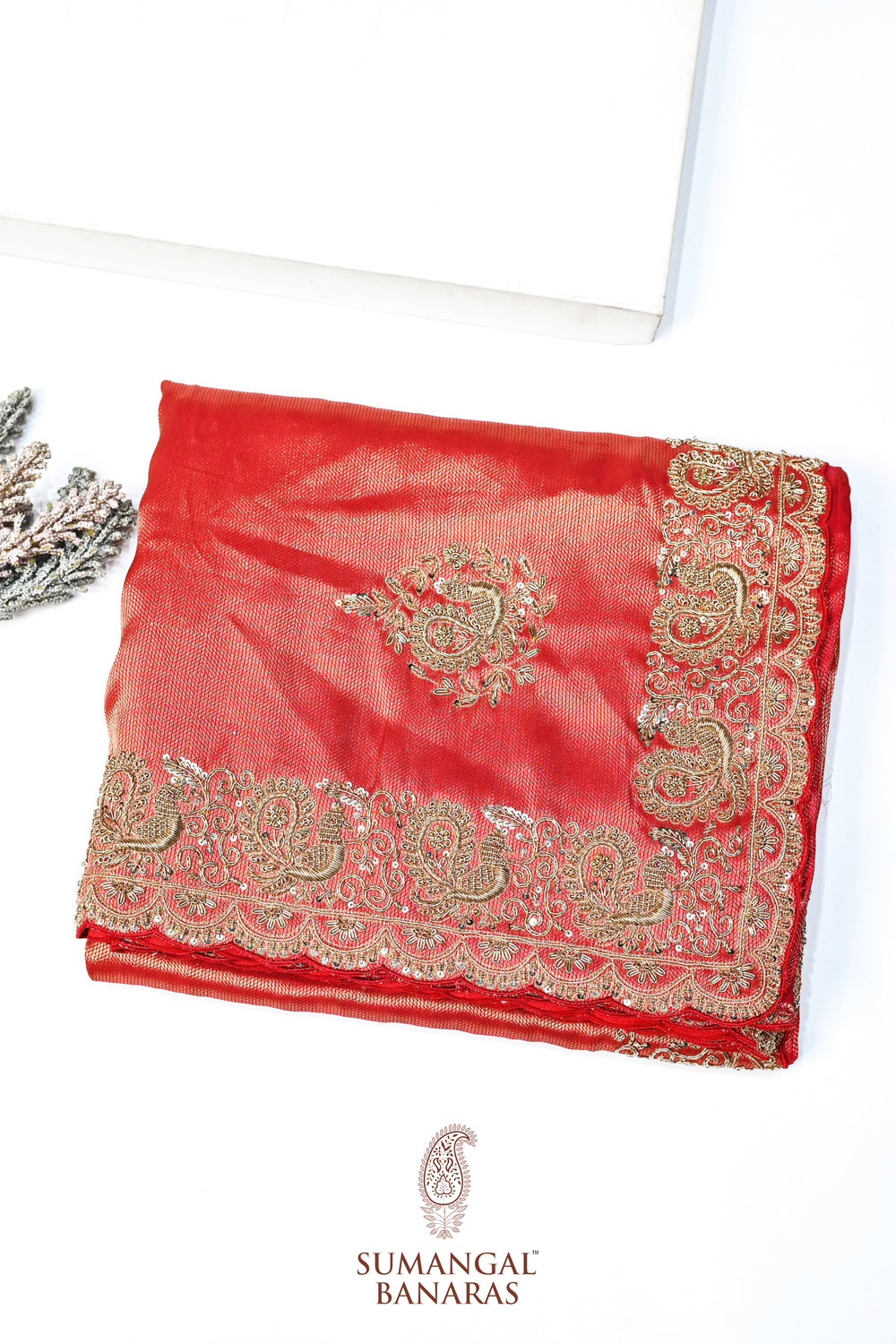 Rose Red Resham Embroidery Tissue Silk  Designer Sarees