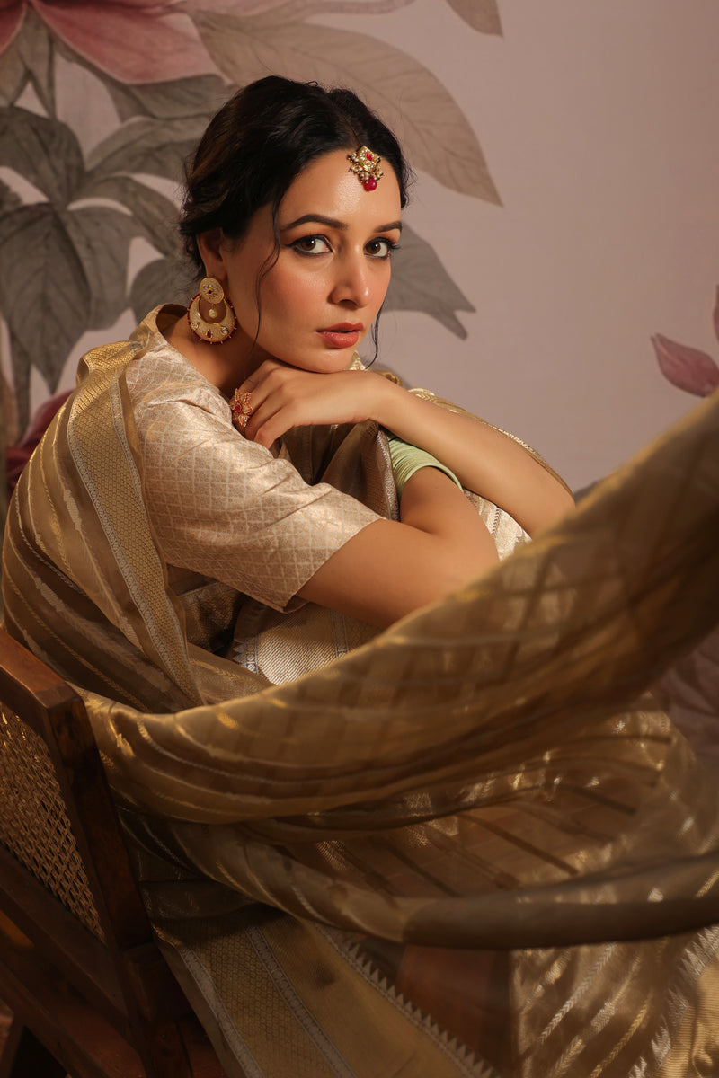 Handwoven Golden Banarasi Tissue Silk Saree