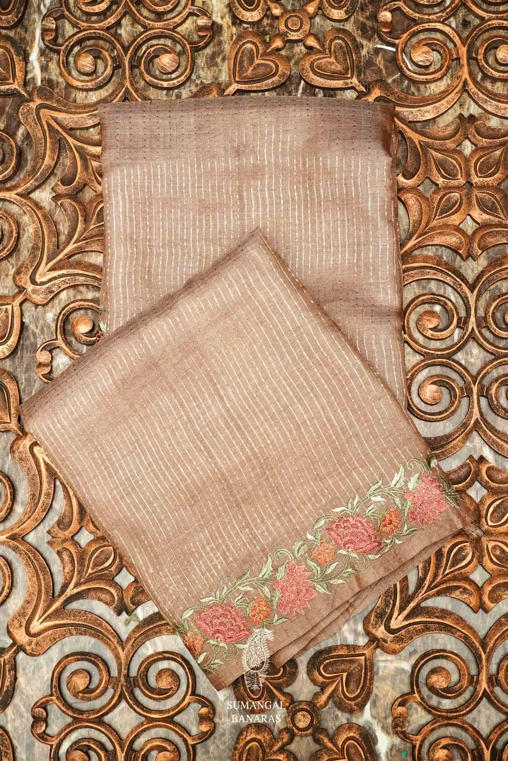 Handwoven Biege Banarasi Tussar Silk Saree