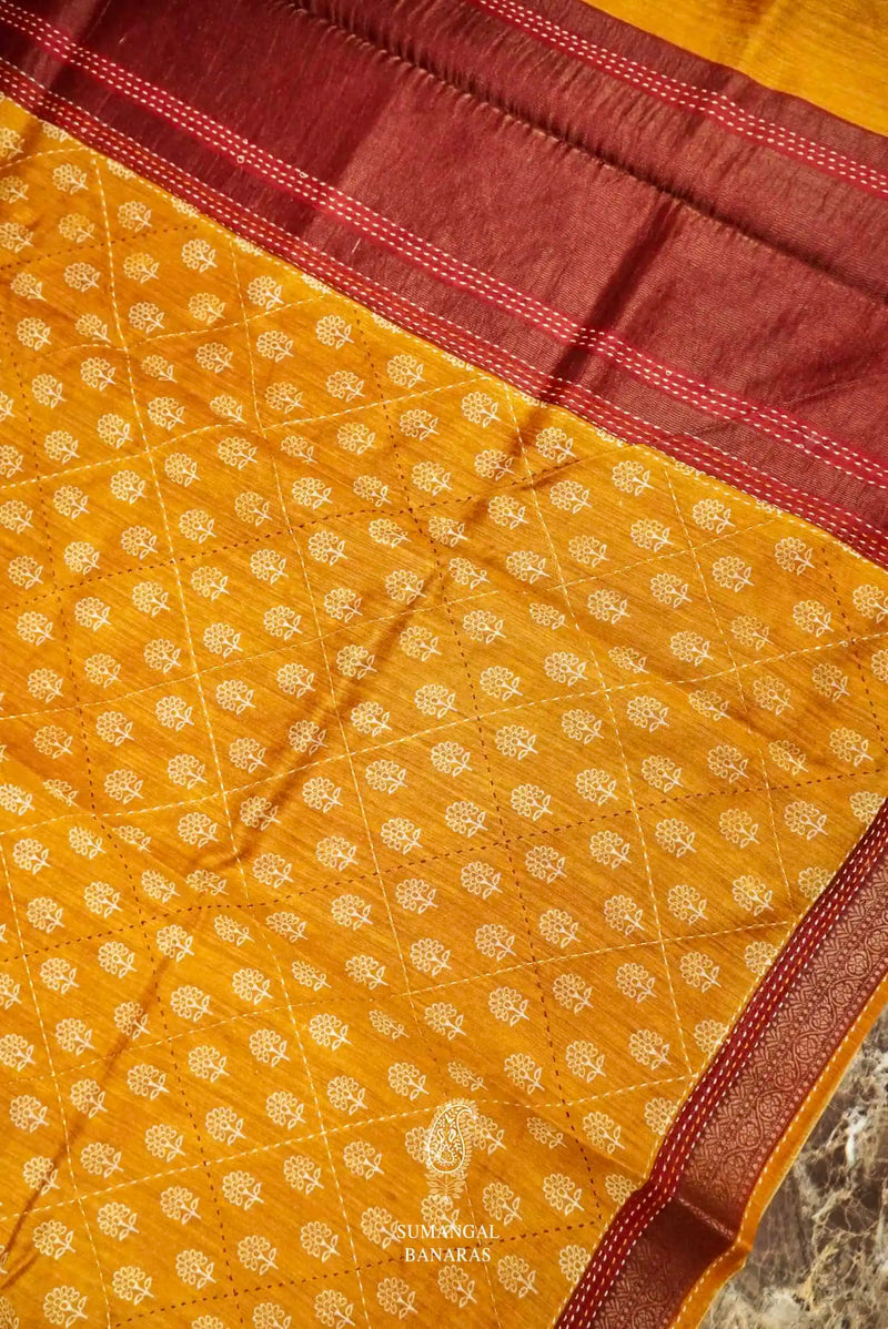 Handwoven Mustard Banarasi Tussar Silk Saree