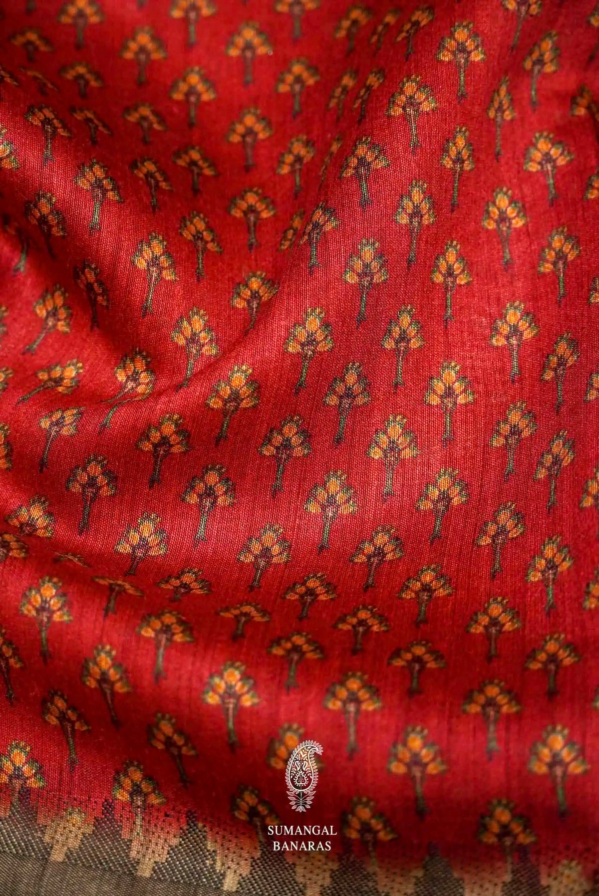 Handwoven Cherry Red Banarasi Tussar Silk Saree