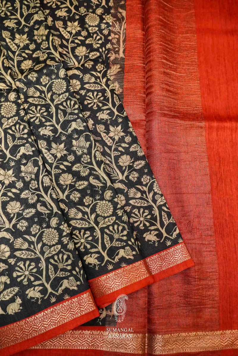 Handwoven Black Banarasi Shikargaah Cotton Muslin Silk Saree