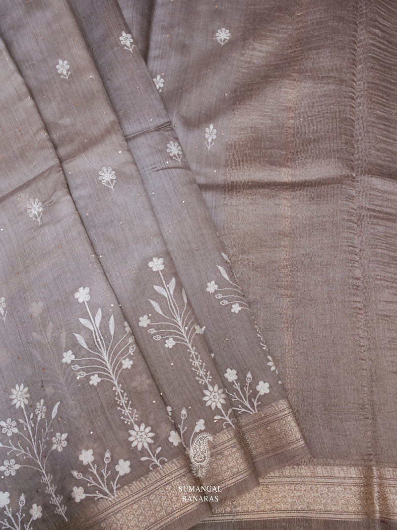 Handwoven Slate Grey Muslin Cotton Saree