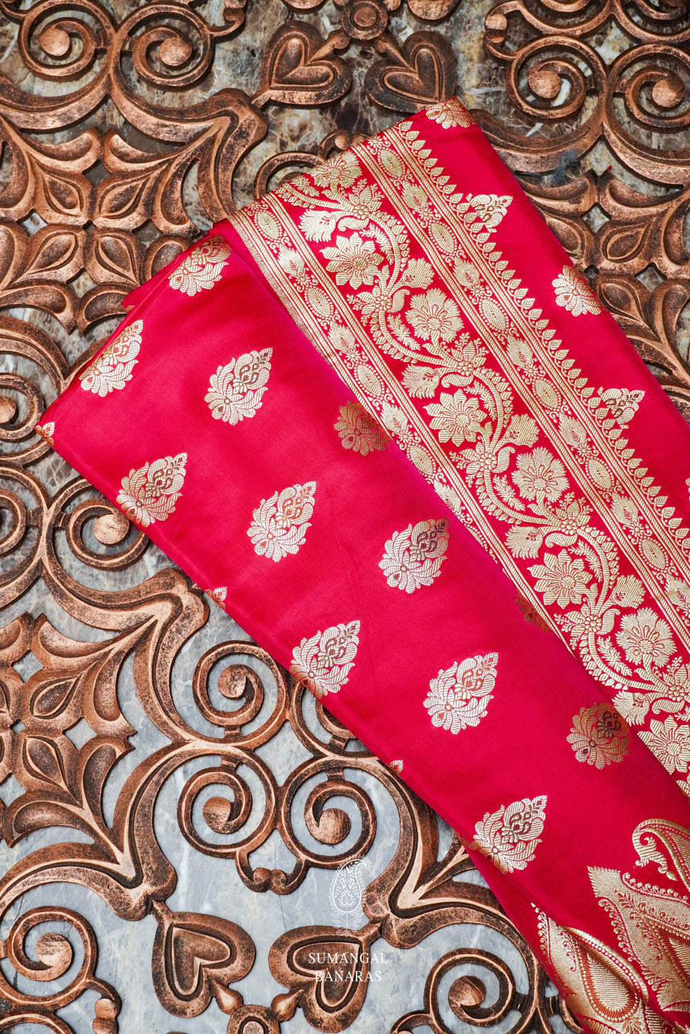 Handwoven Rose Red Banarasi Katan Silk Saree