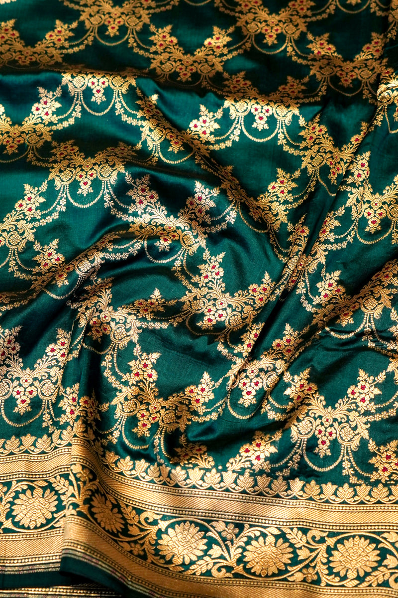 Handwoven Dark Green Banarasi Katan Silk Saree