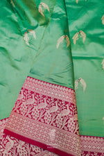 Handwoven Sea Green Banarasi Shikargah Katan Silk Saree