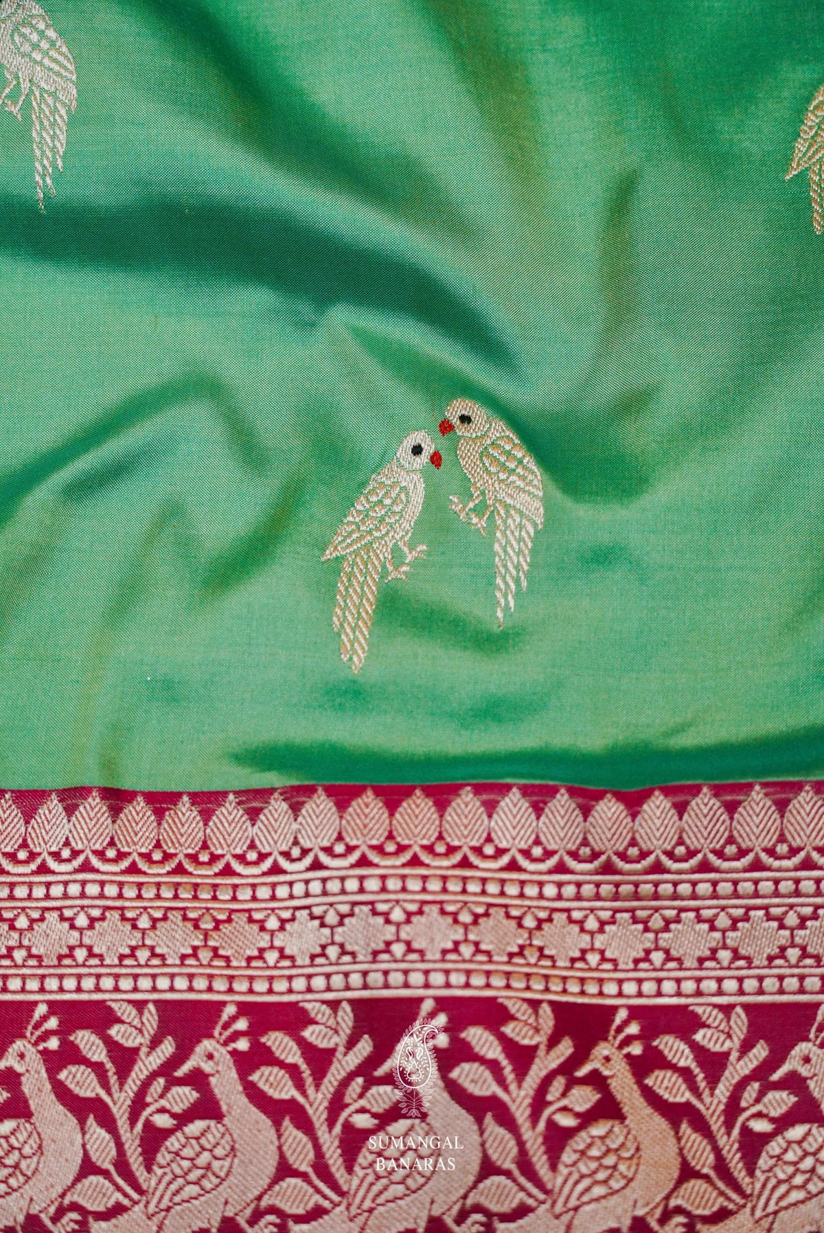 Handwoven Sea Green Banarasi Shikargah Katan Silk Saree