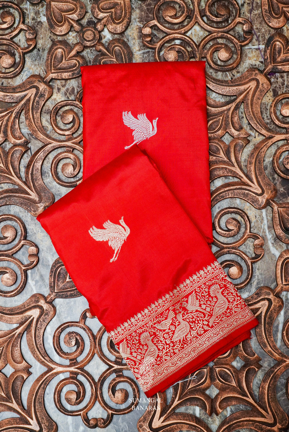 Handwoven Red Banarasi Shikargah Katan Silk Saree