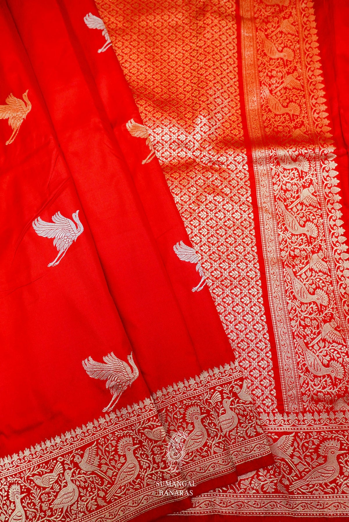 Handwoven Red Banarasi Shikargah Katan Silk Saree