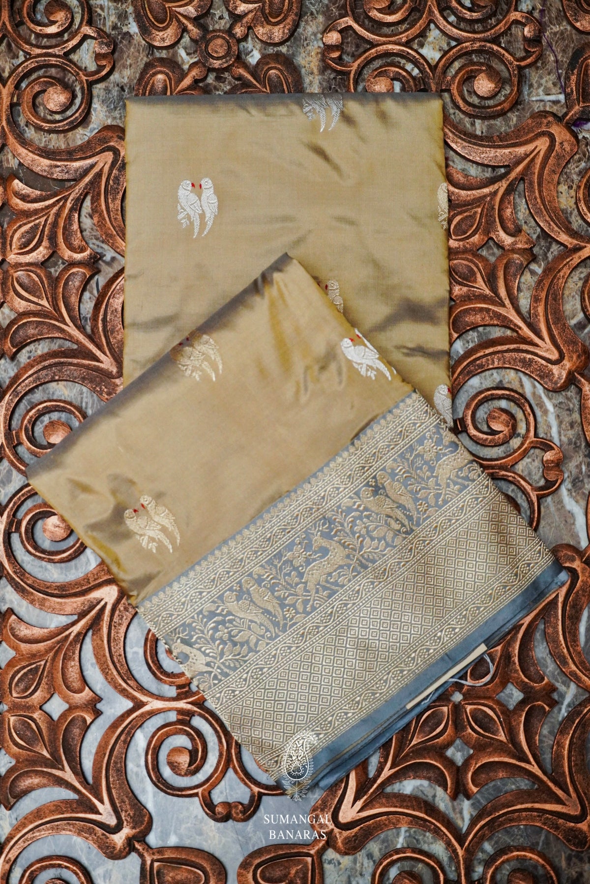 Handwoven Beige Banarasi Shikargah Katan Silk Saree