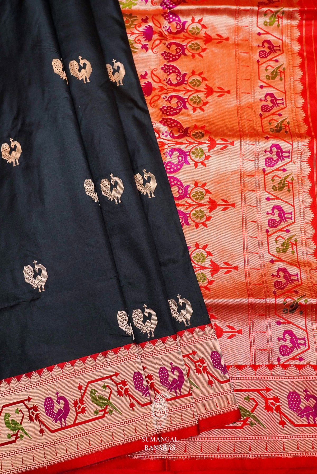 Handwoven Black Banarasi Shikargah Katan Silk Saree