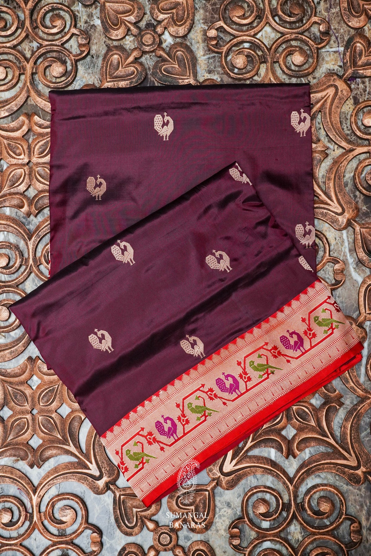 Handwoven Cocoa Brown Banarasi Shikargah Katan Silk Saree