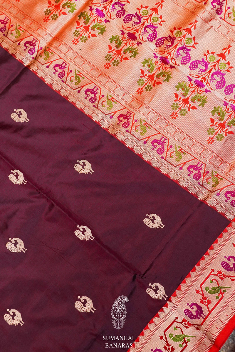 Handwoven Cocoa Brown Banarasi Shikargah Katan Silk Saree