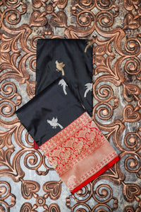 Handwoven Black Banarasi Shikargah Katan Silk Saree