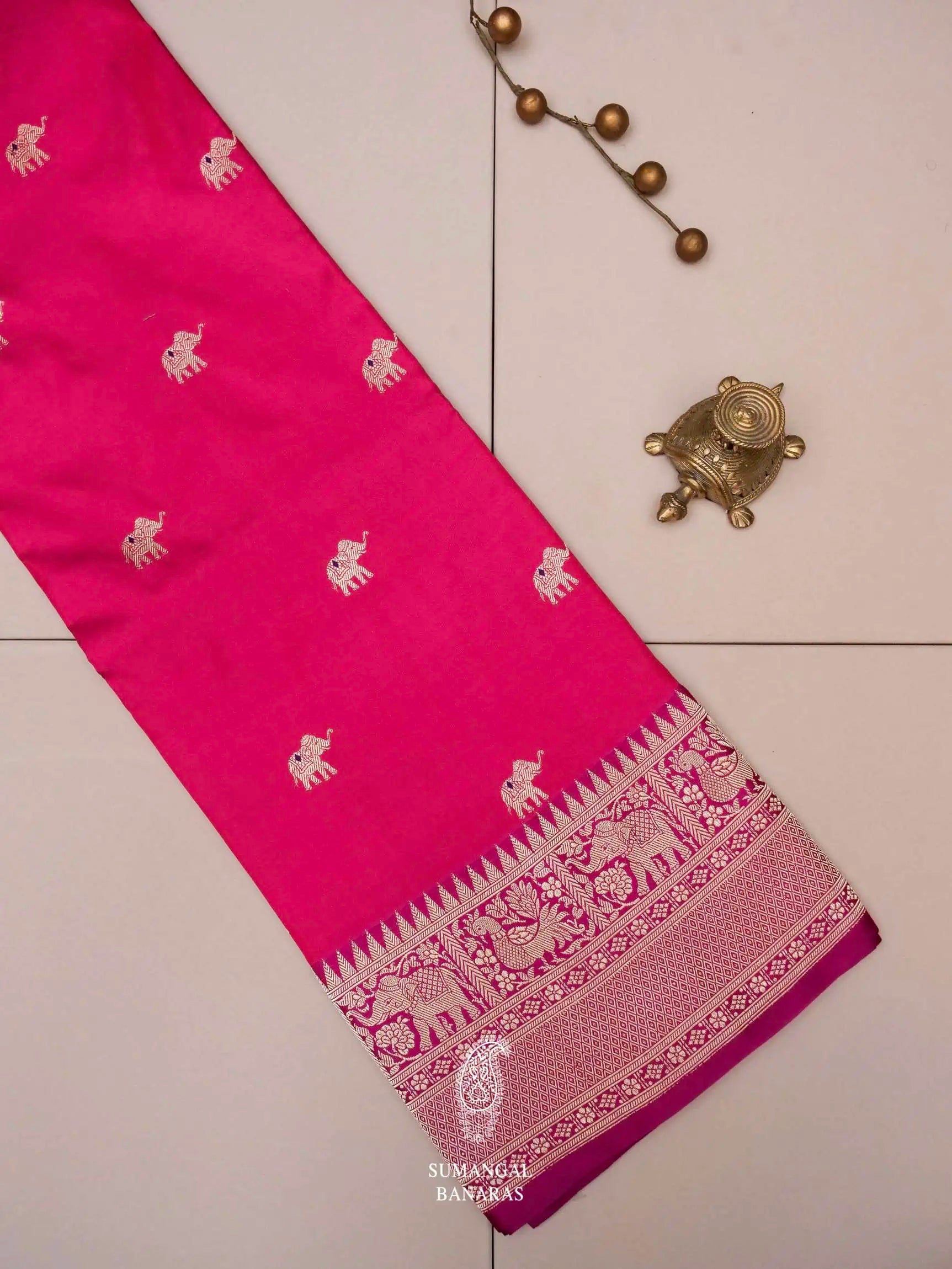 Turmeric Green and Pink Banarasi Saree with Kachhi,Mirror and Diamond –  MySilkLove