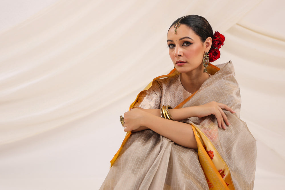 Handwoven Banarasi Grey Organza Saree