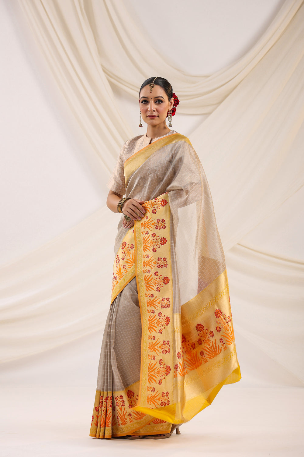 Handwoven Banarasi Grey Organza Saree