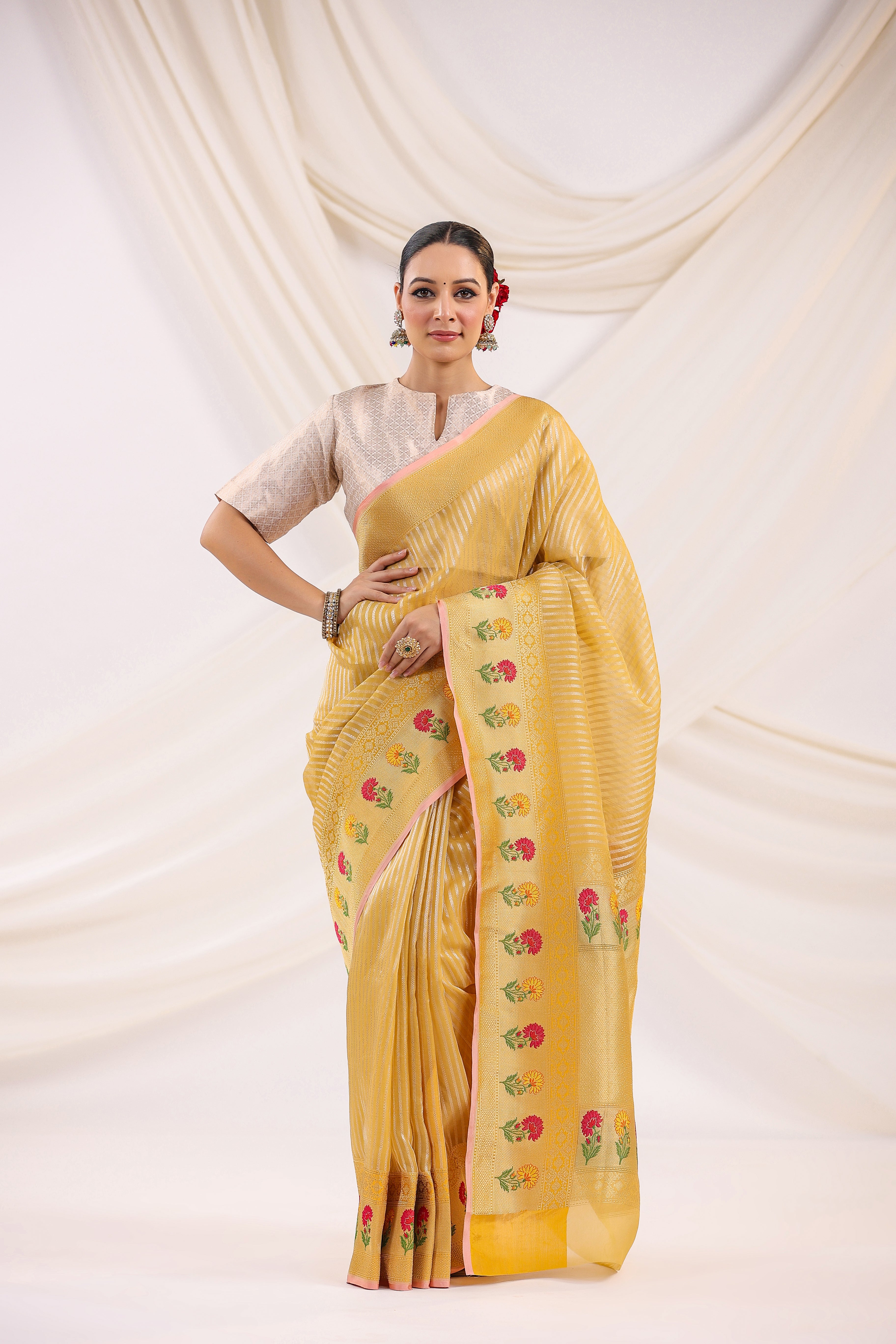 Haldi Yellow Banarasi Woven Organza Saree with Firozi Blue Blouse | TST |  The Silk Trend