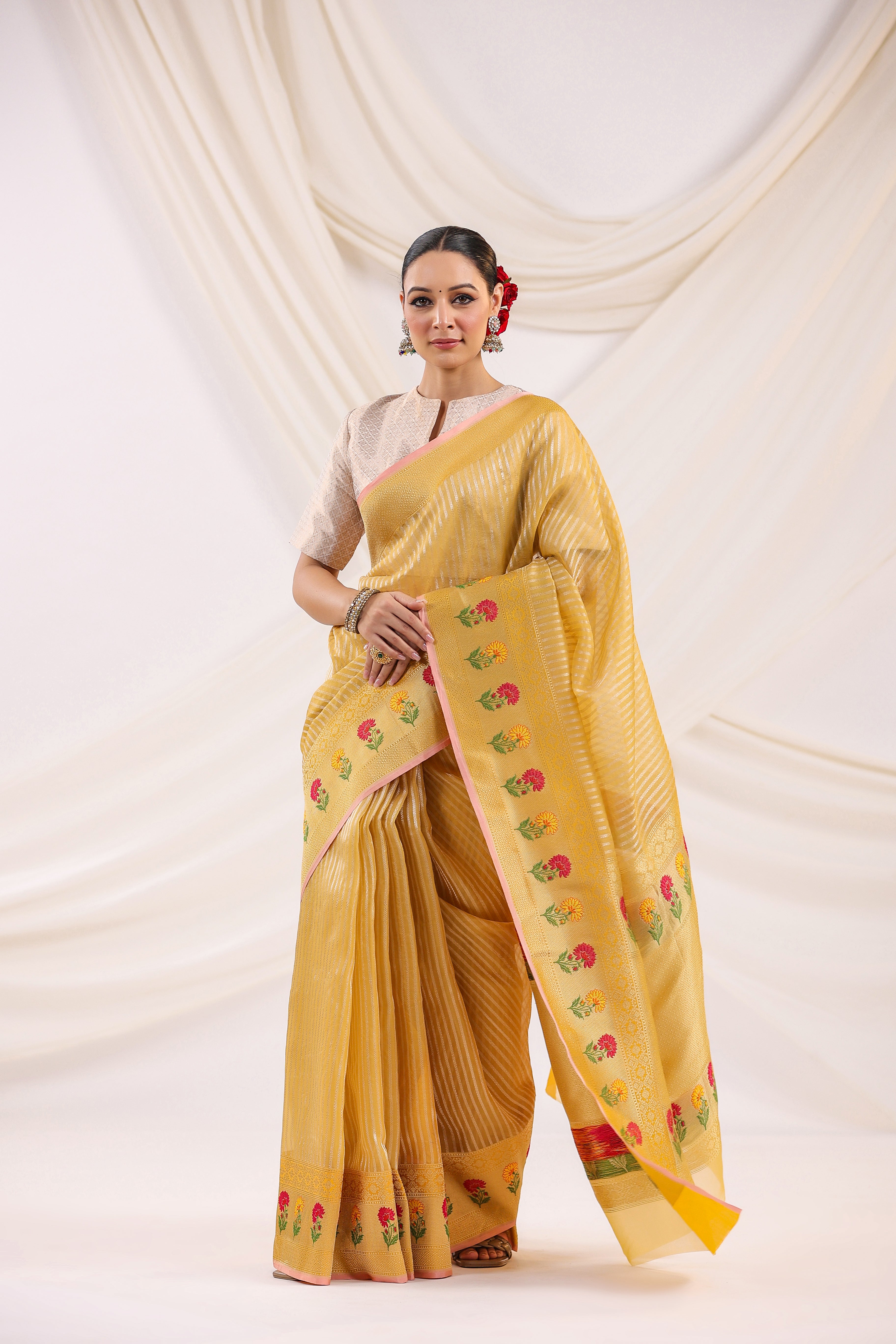 Mustard Bandhej Organza Saree