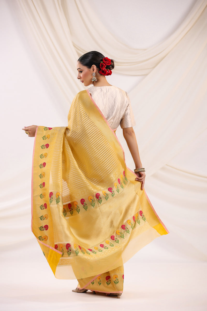 Handwoven Banarasi Yellow Organza Saree