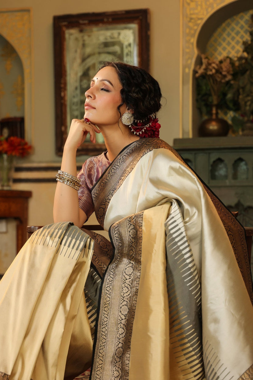 Banarasi Katan Silk Silver and Gold Cluster Roses Ivory Saree main image 0