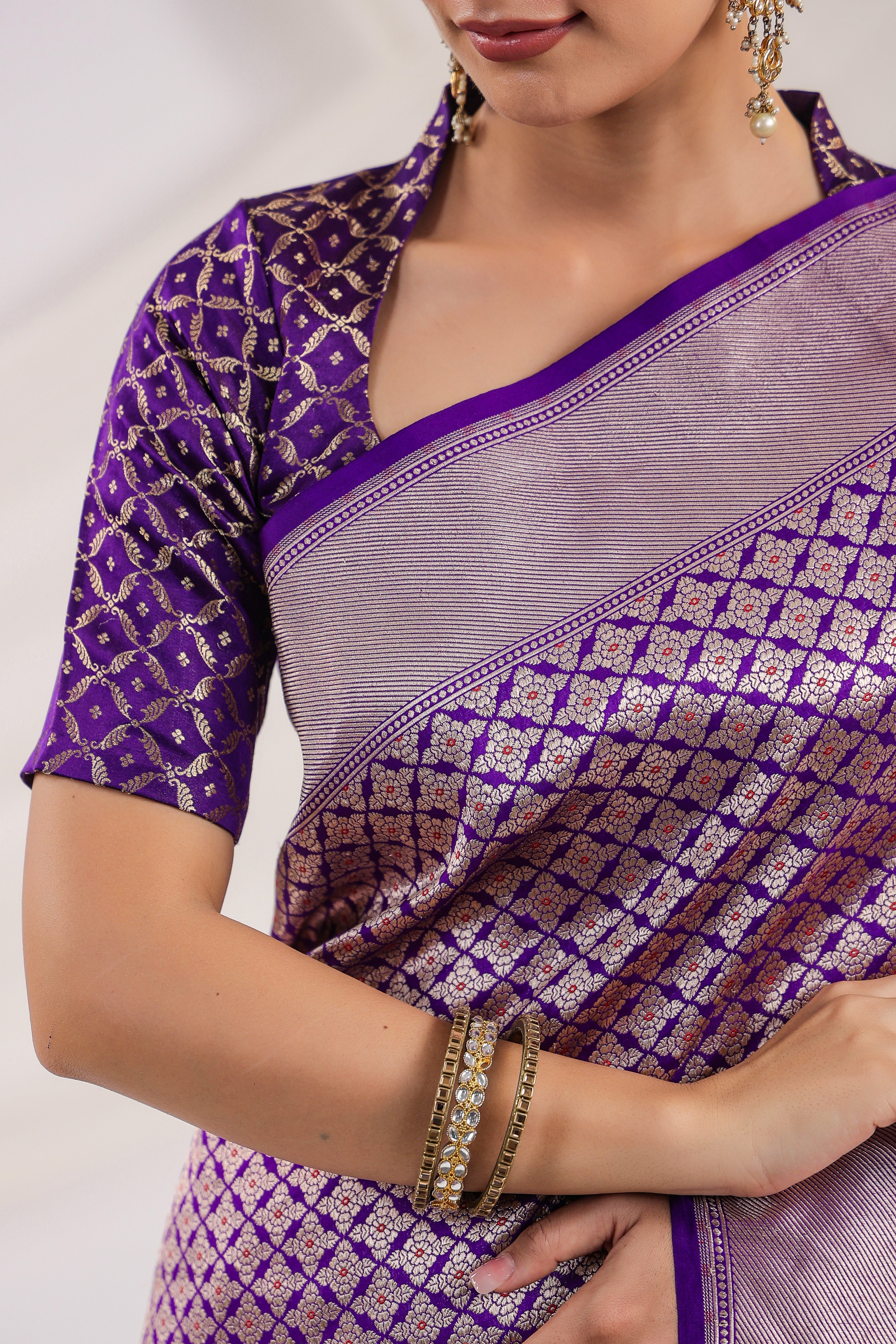 Micro Designer Checks Katan Banarasi Silk Saree in Dual Tone Purple, O –  Bengal Looms India