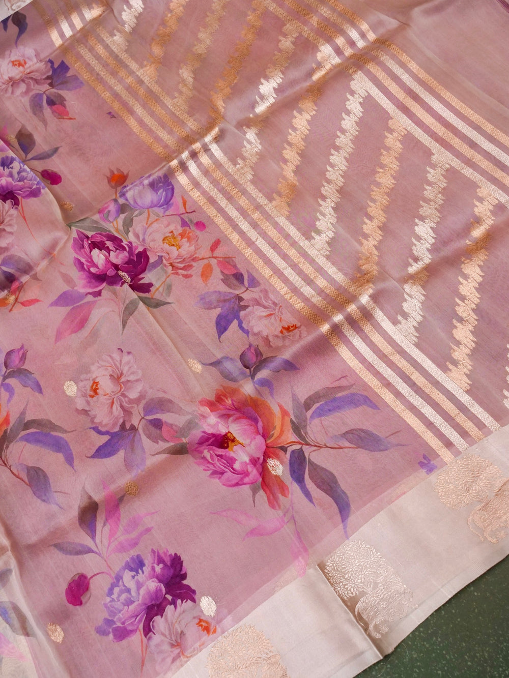 Designer Beige Organza Silk Saree