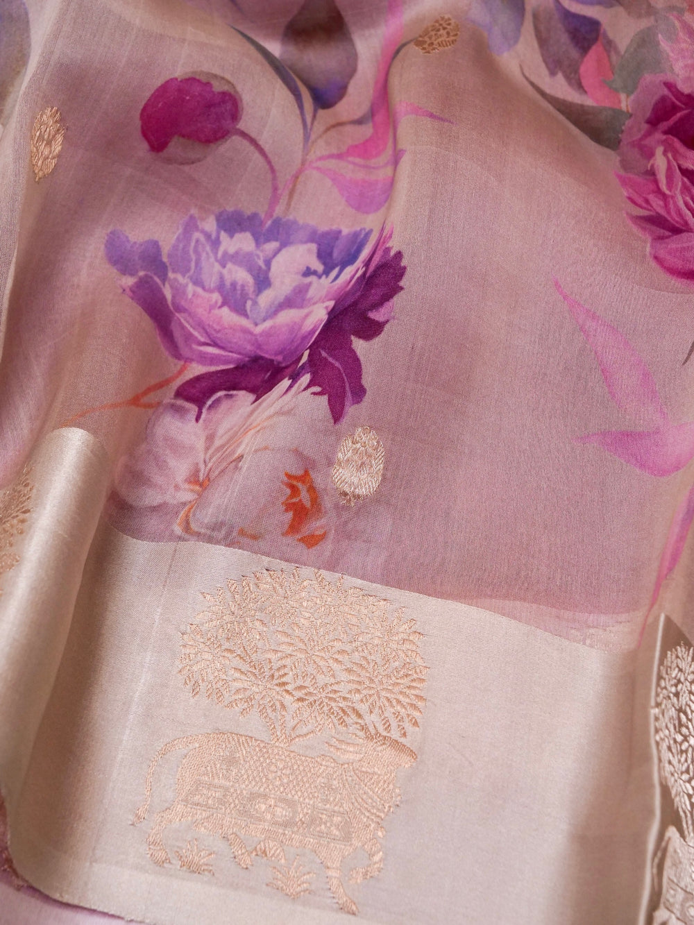 Designer Beige Organza Silk Saree