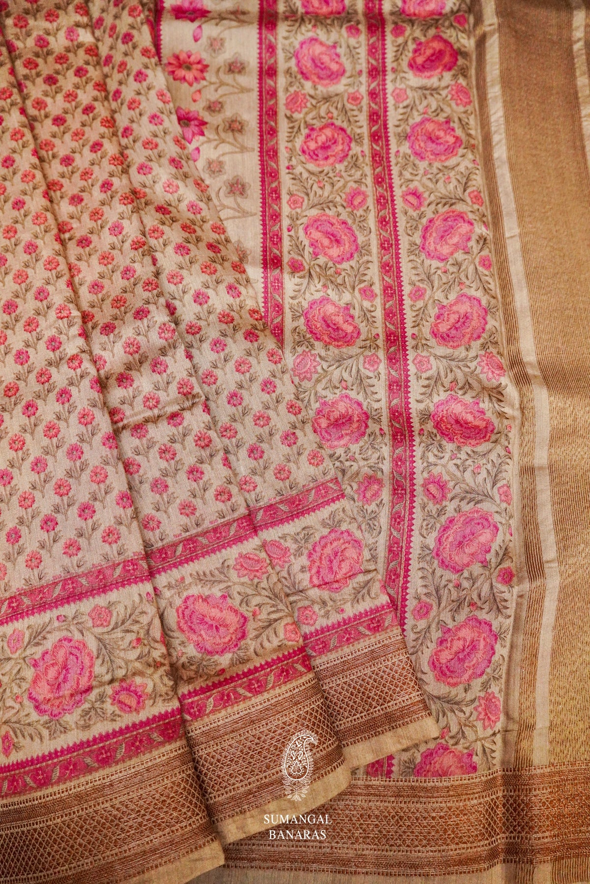 Handwoven Beige Banarasi Muslin Silk Saree