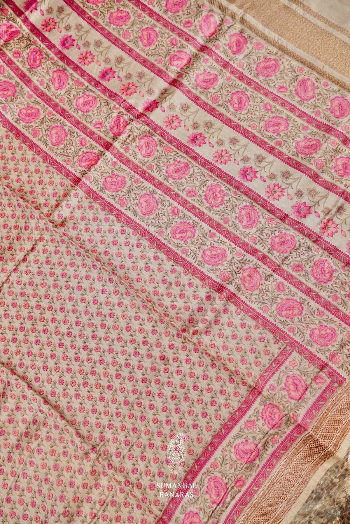 Handwoven Beige Banarasi Muslin Silk Saree