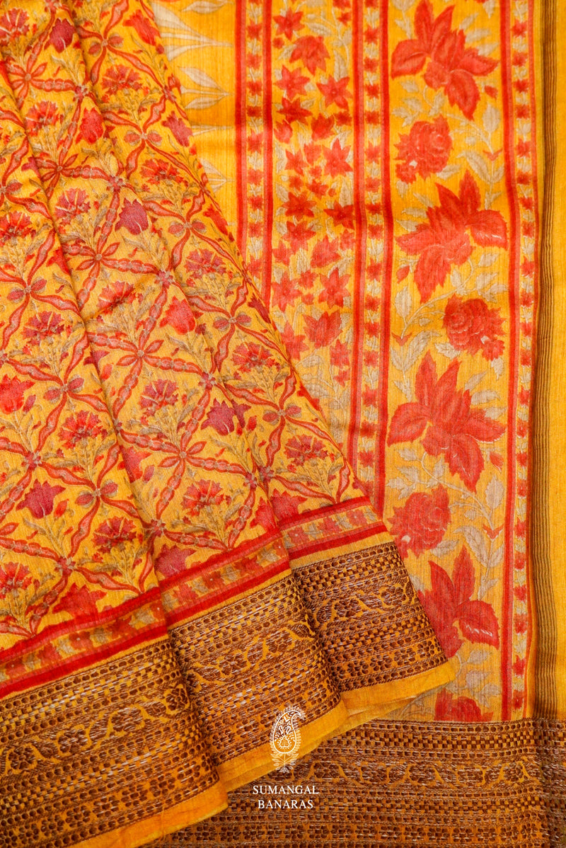 Handwoven Yellow Banarasi Muslin Silk Saree