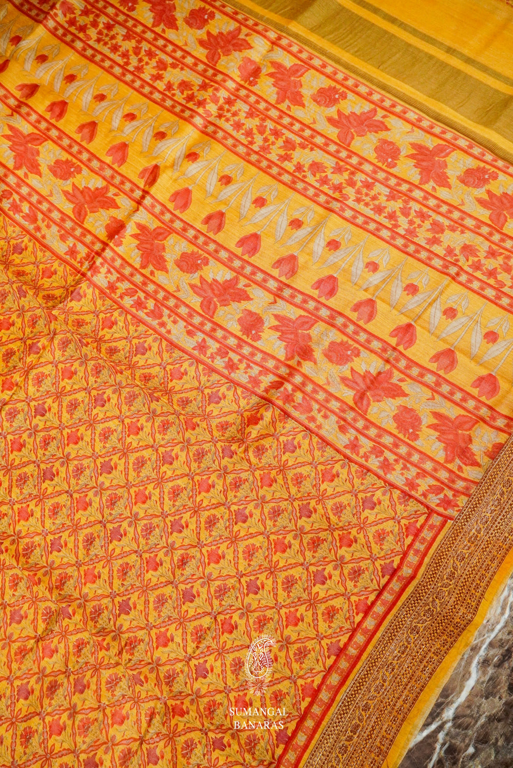 Handwoven Yellow Banarasi Muslin Silk Saree
