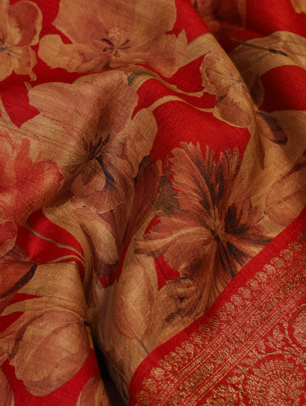 Designer Red Tussar Silk Saree