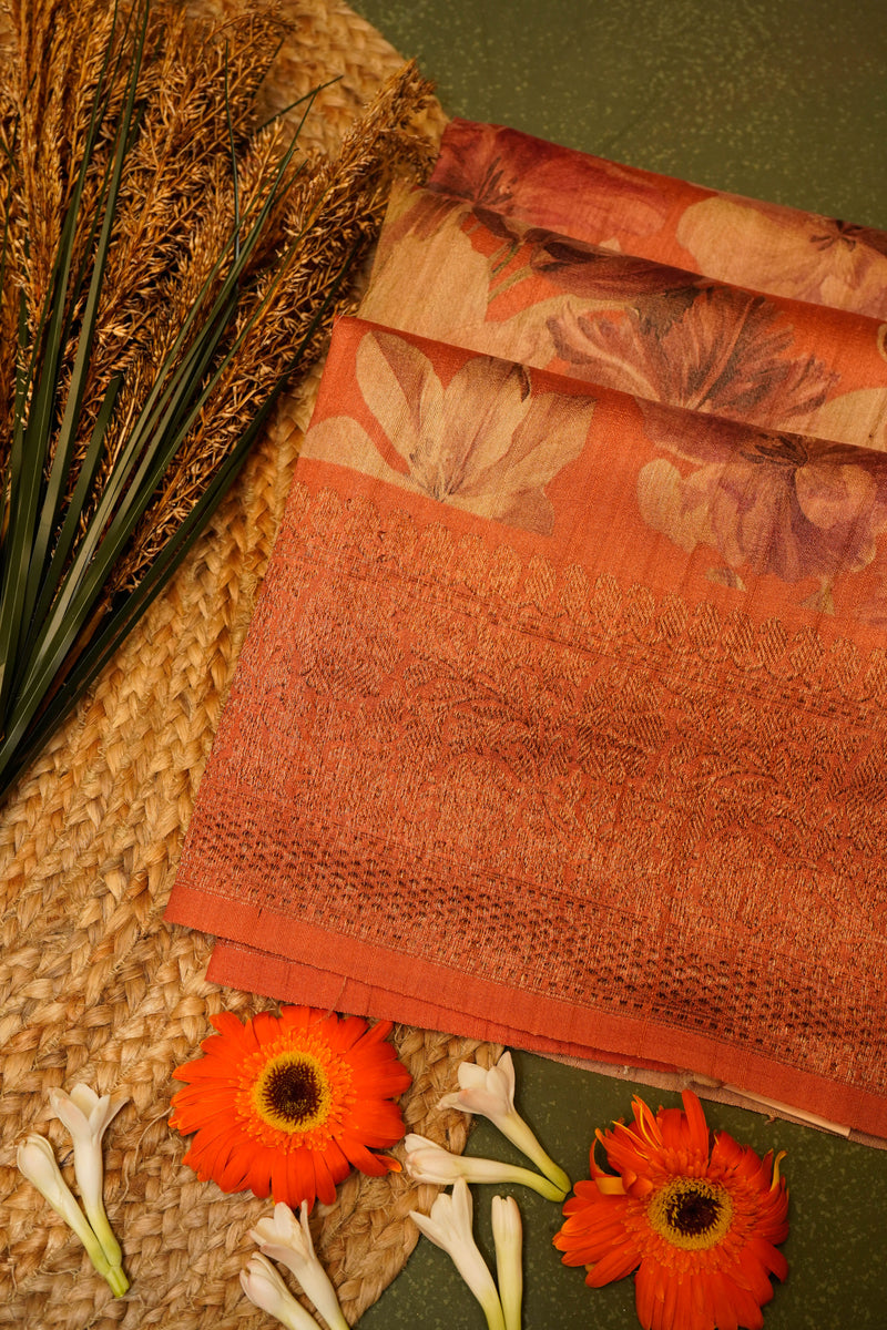 Designer Peach  Tussar Silk Saree