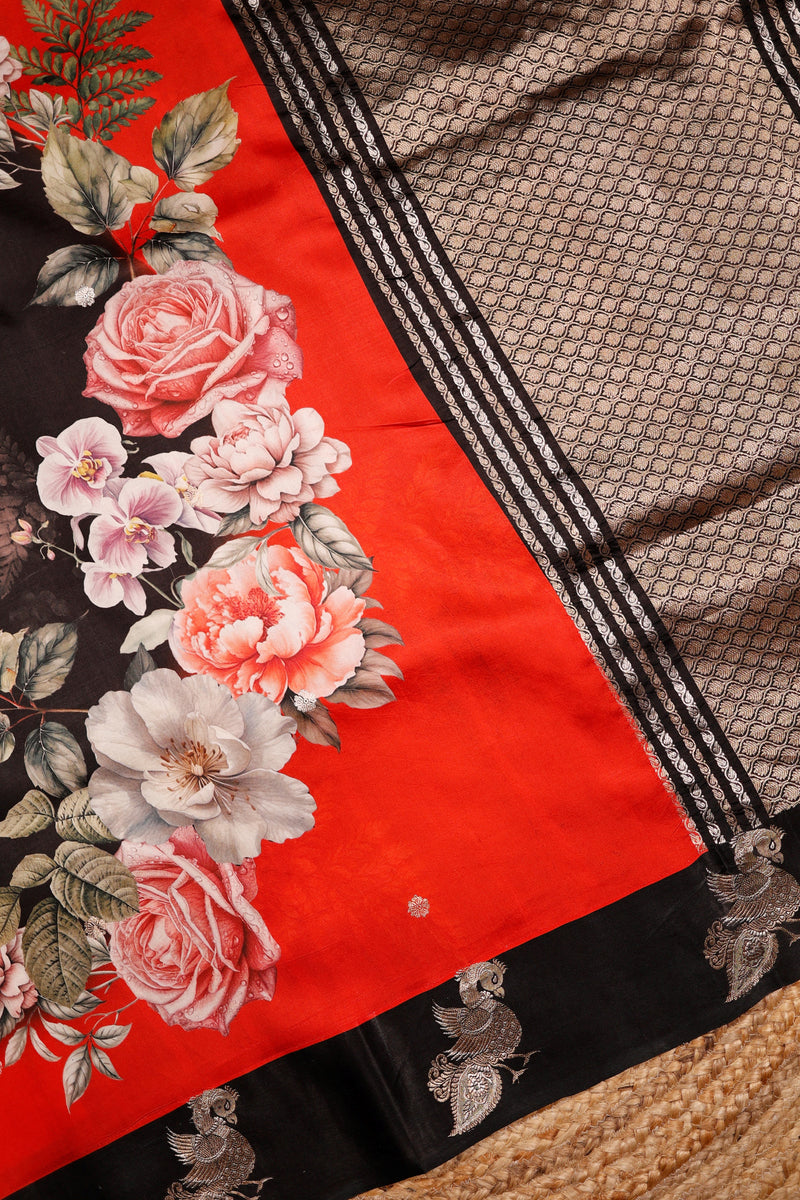 Designer Black & Red Banarasi Katan Soft Silk Saree