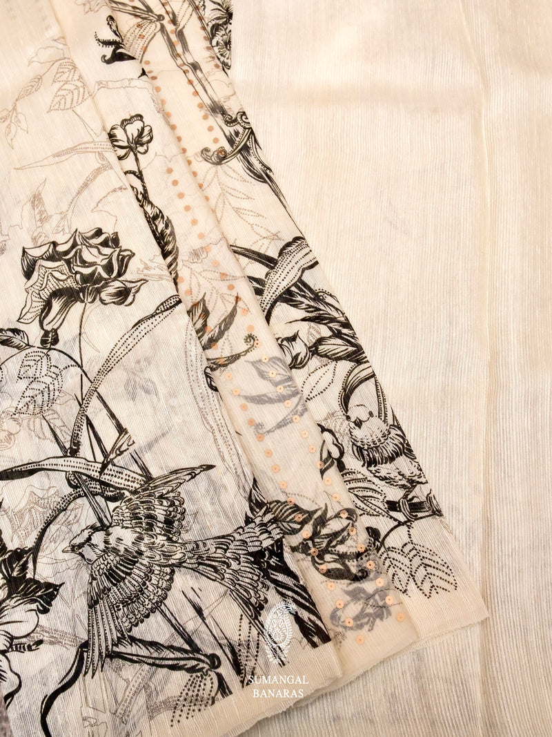 Handwoven Banarasi Printed Linen Cotton Silk Saree