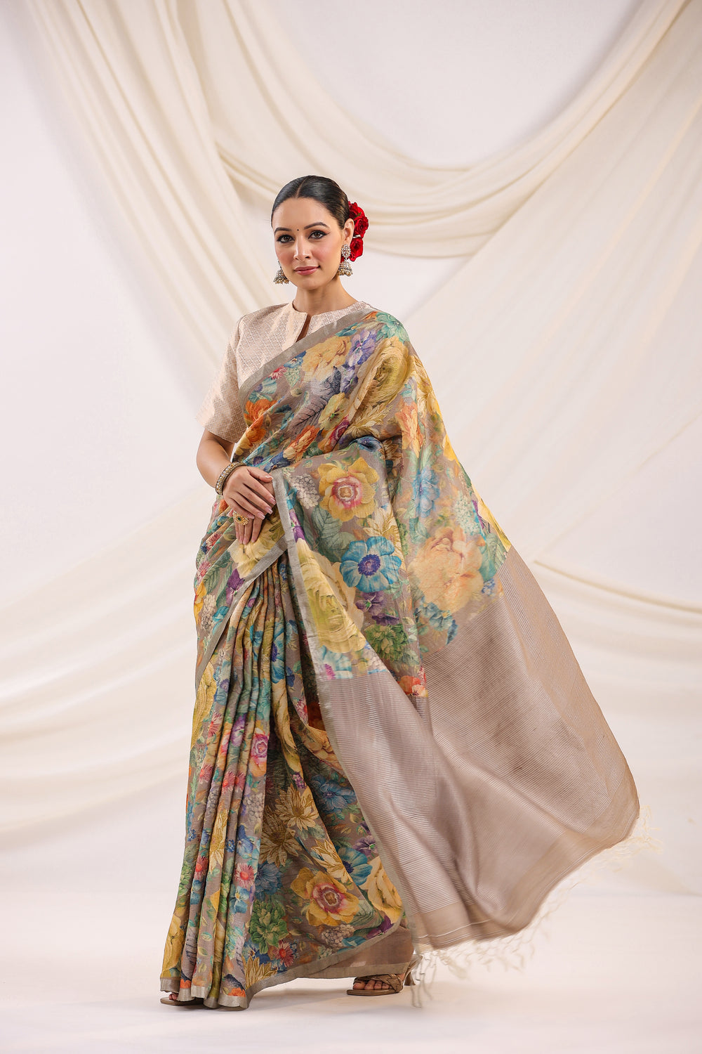 Handwoven Banarasi Printed Tussar Silk Saree