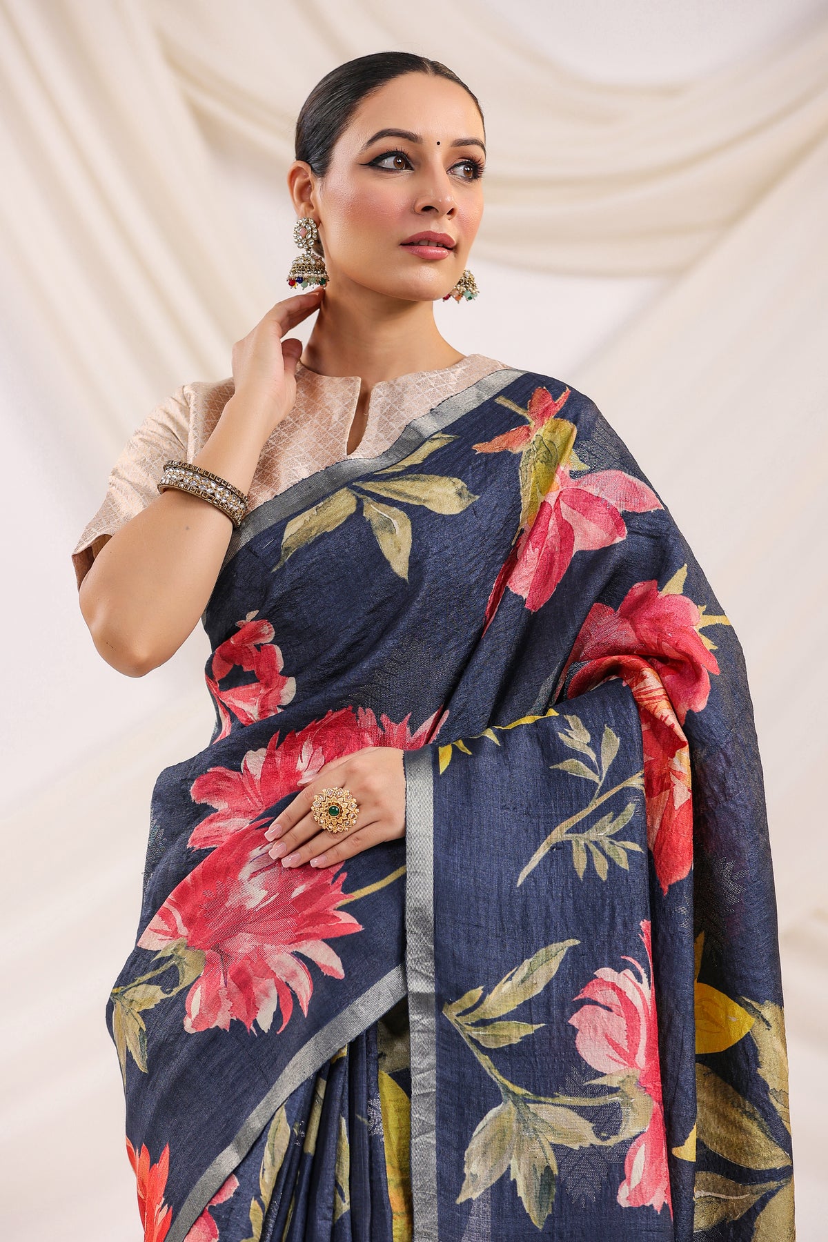 Handwoven Navy Blue Banarasi Tussar Silk Saree