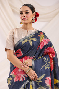Handwoven Navy Blue Banarasi Tussar Silk Saree