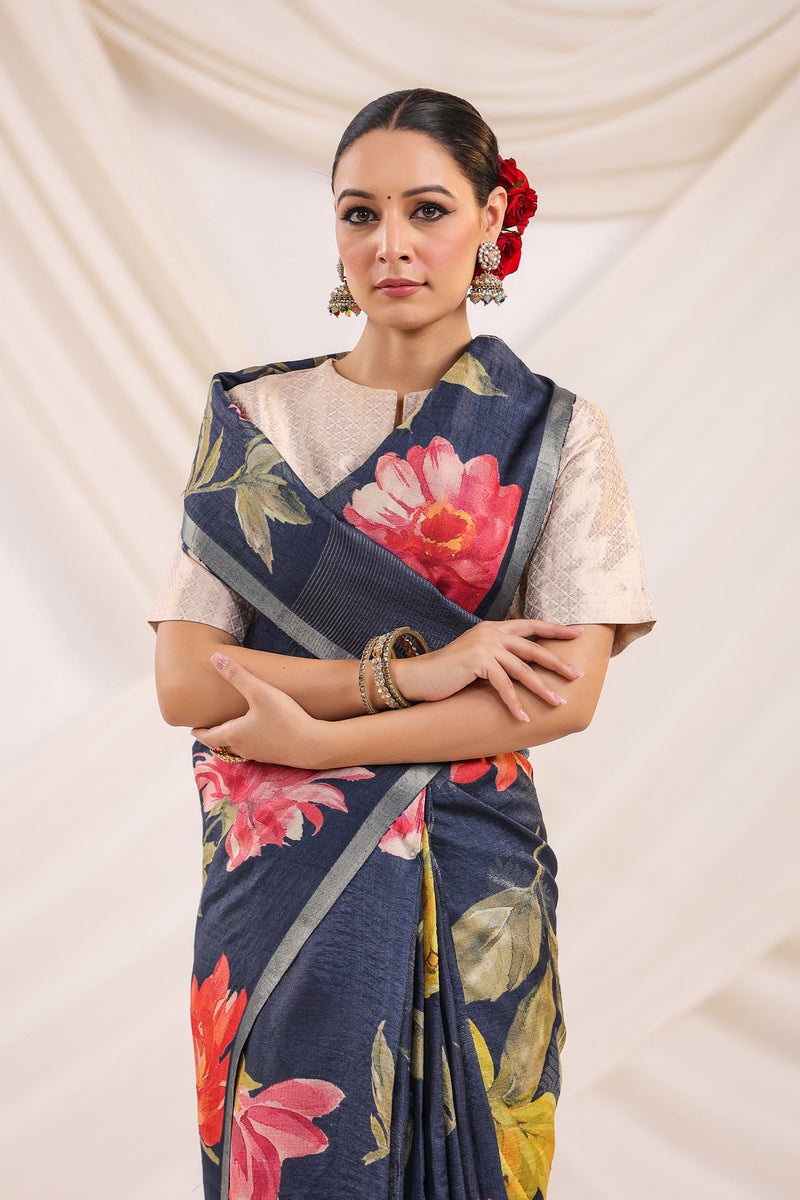 Handwoven Navy Blue Banarasi Tussar Silk Saree