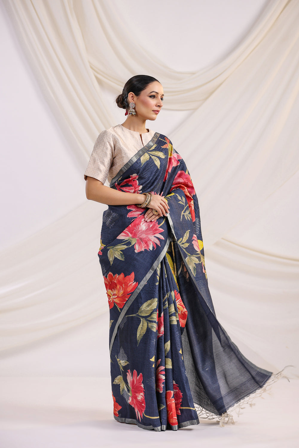 Handwoven Navy Blue Banarasi Tussar Silk Saree
