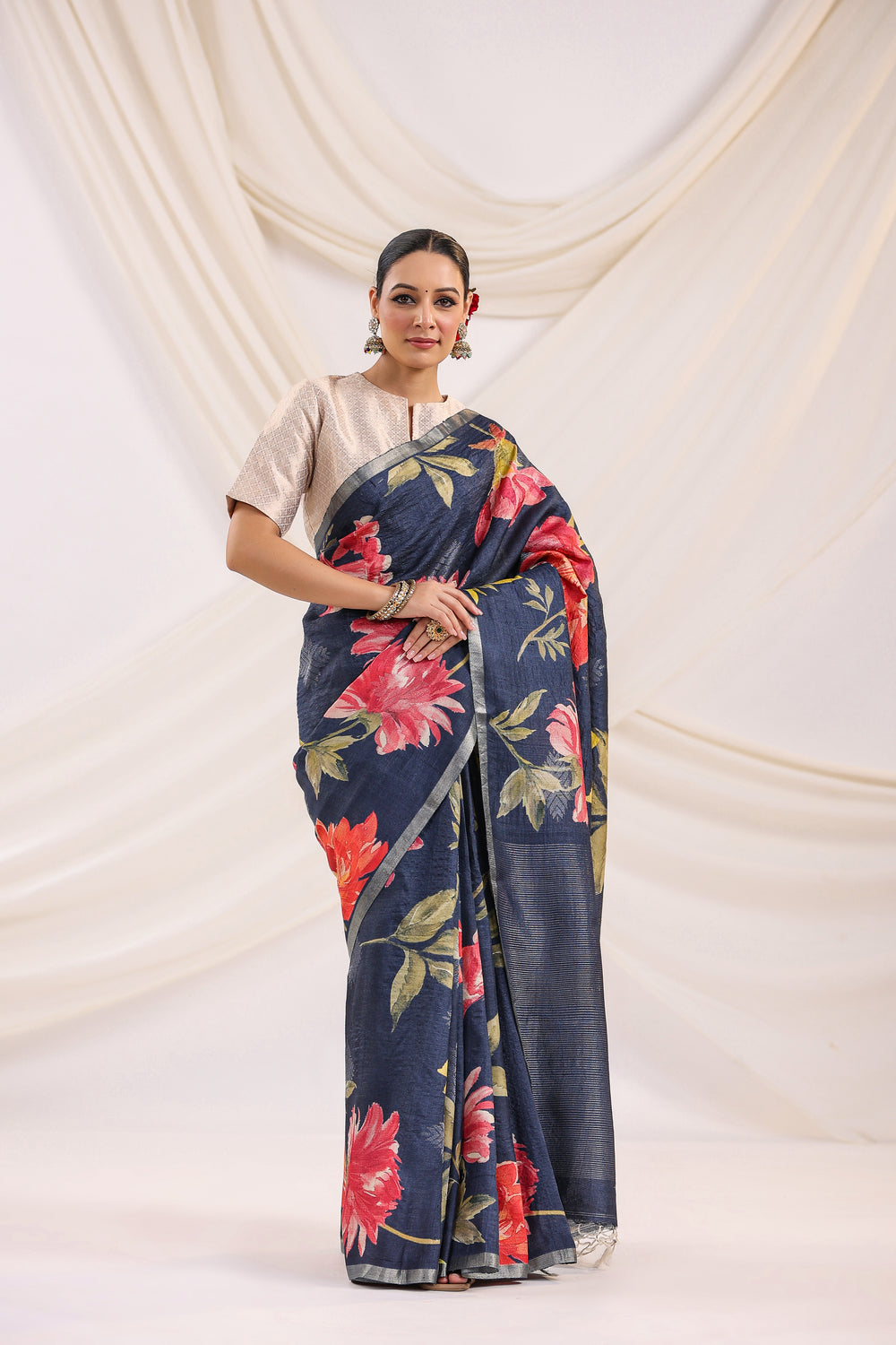 Handwoven Navy Blue Banarasi Tussar Silk Saree