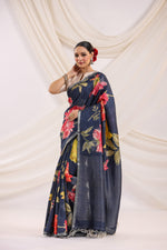 Handwoven Navy Blue Banarasi Tussar Silk Saree