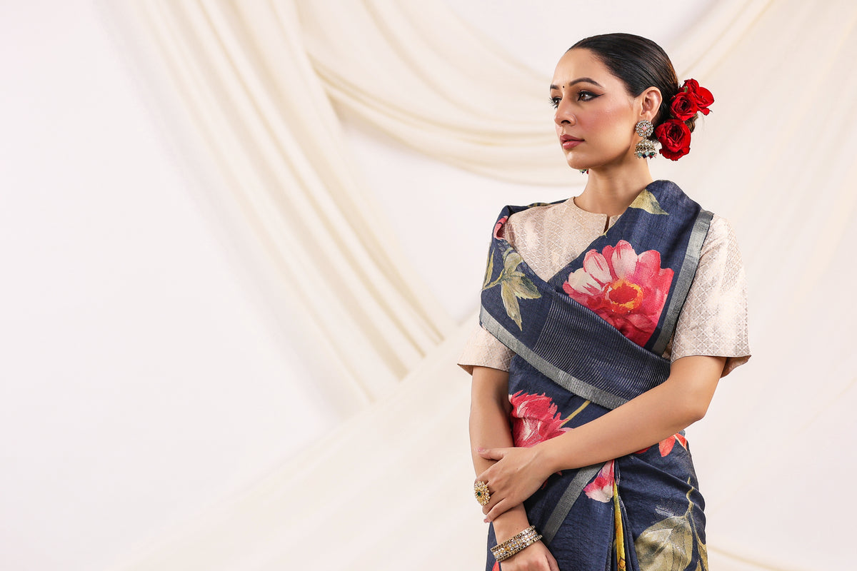 Handwoven Navy Blue Banarasi Tussar Silk Saree
