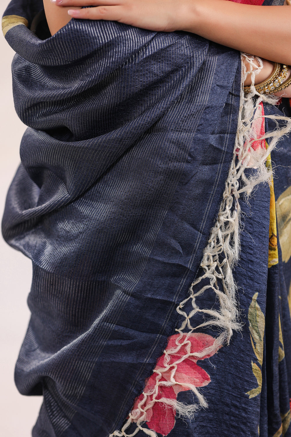 Handwoven Navy Blue Banarasi Tussar Silk Saree