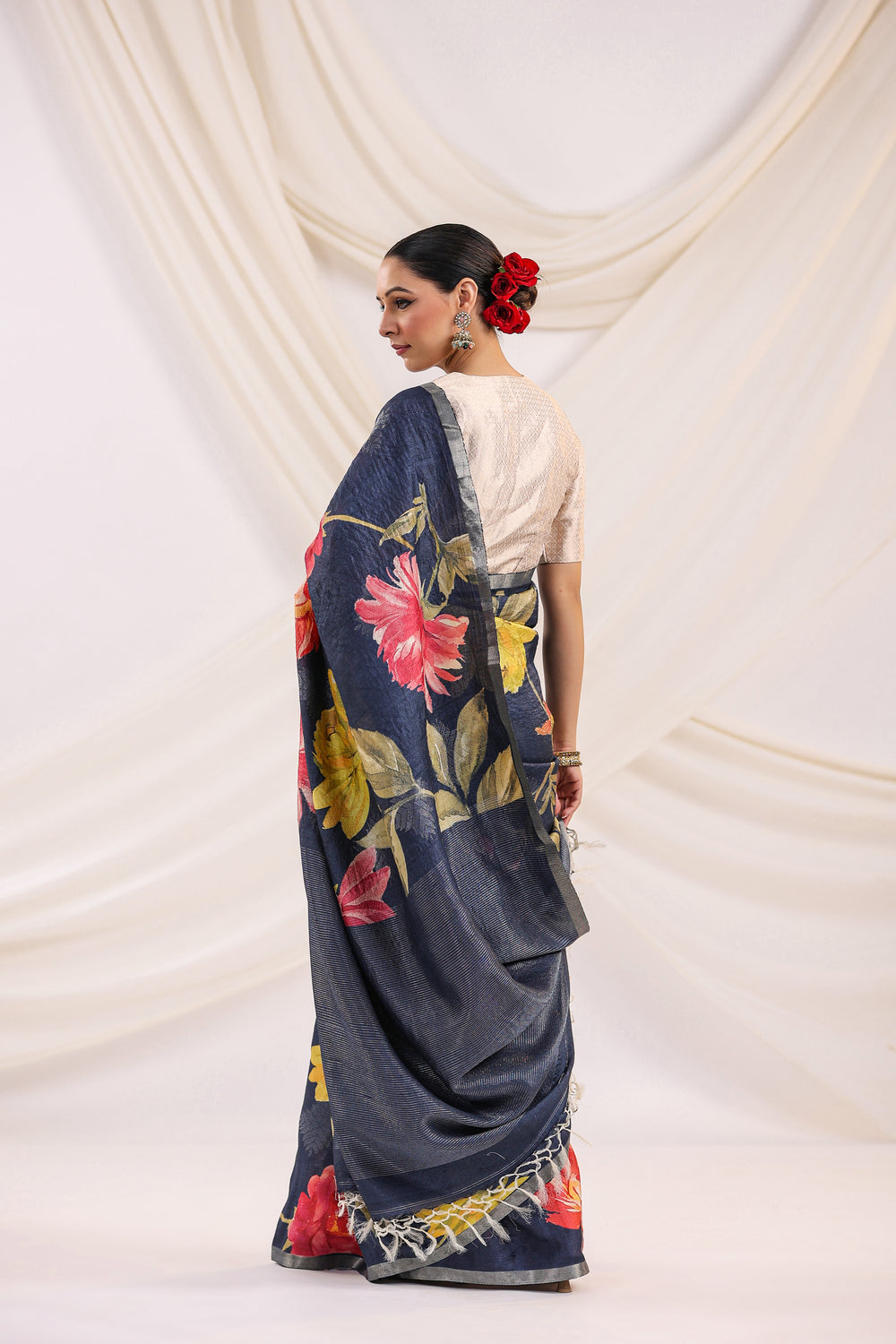 Handwoven Navy Blue Banarasi Tussar Silk Saree