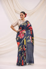 Handwoven Navy Blue Banarasi Tussar Silk Saree