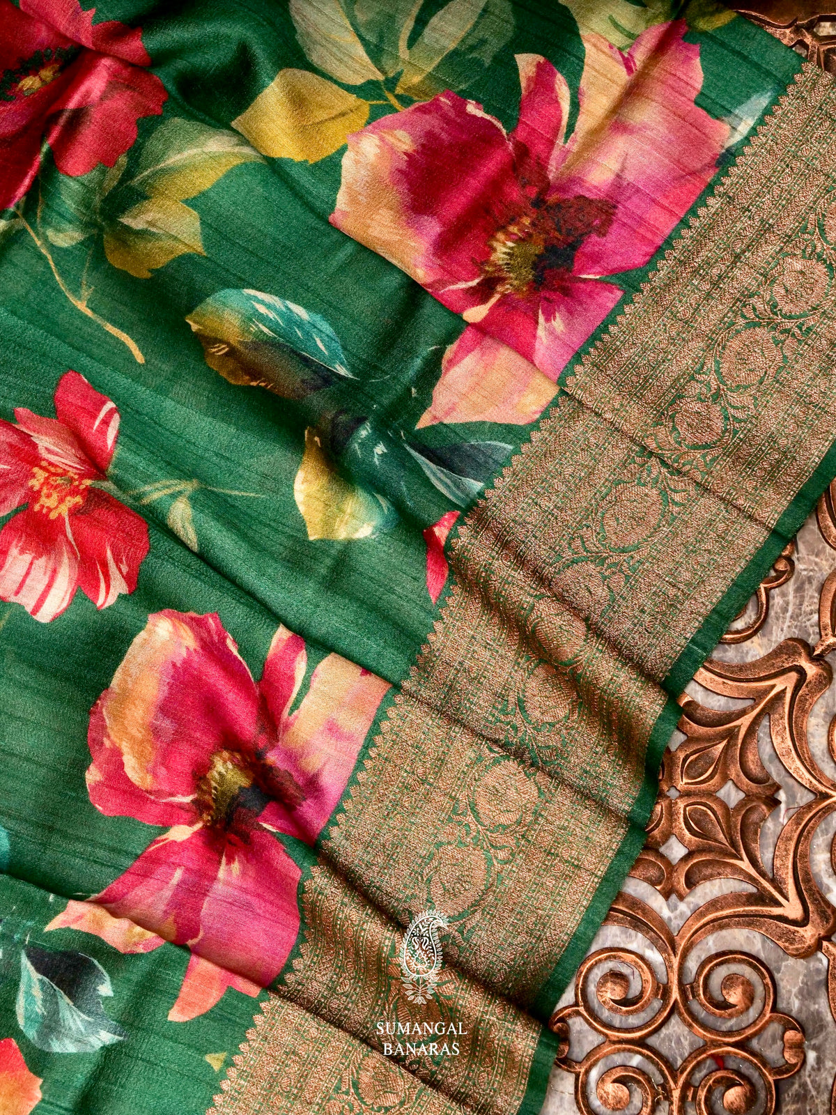 Handwoven Banarasi Green Tussar Silk Saree