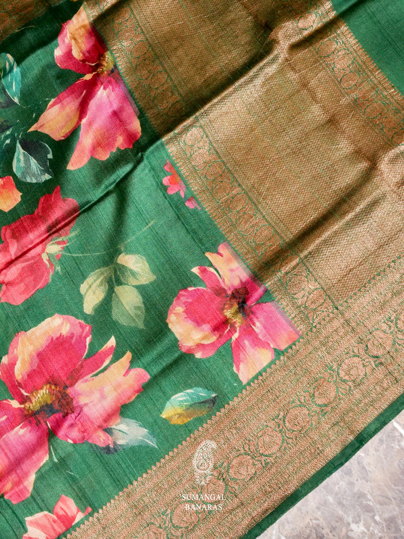 Handwoven Banarasi Green Tussar Silk Saree